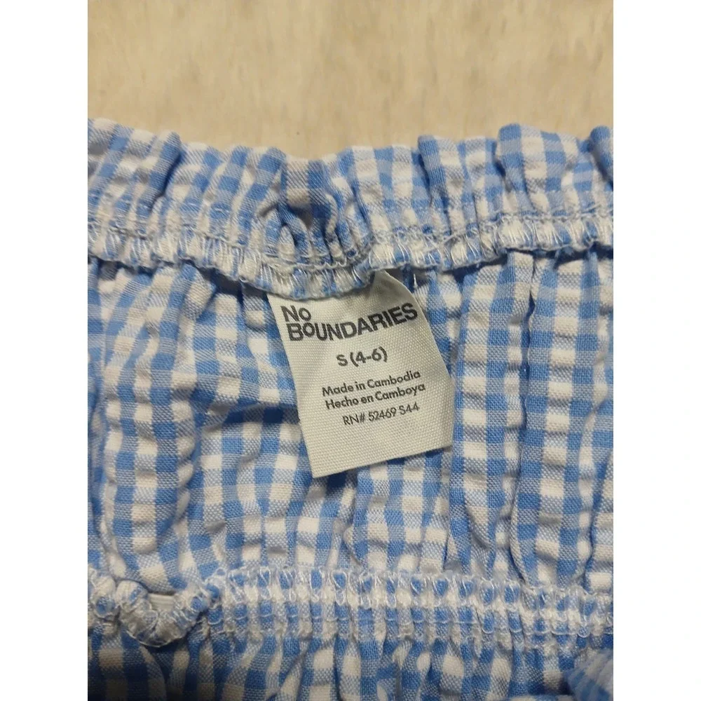 NEW No Boundaries Baby Blue Gingham Smocked Cami Crop Top Tie Front Ruffle Hem S